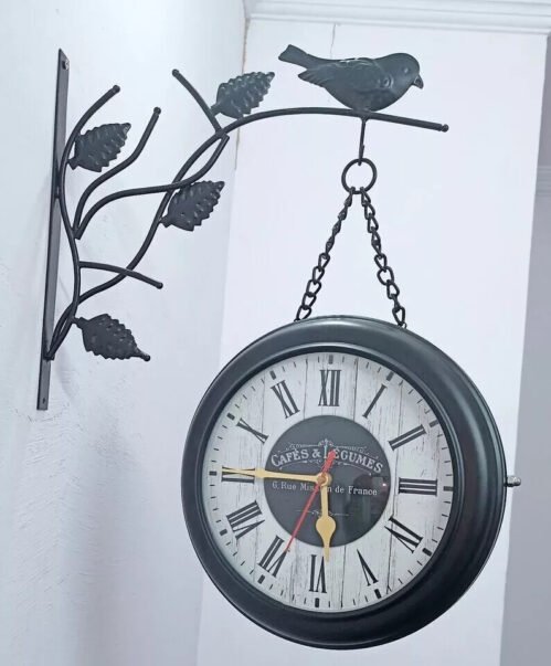 Double Sided Bird Wall Clock Retro Train Station Patio Garden French Café clock