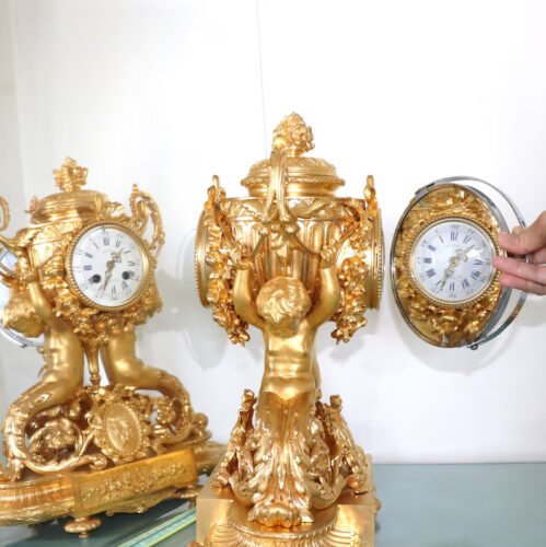 DOUBLE SIDED DIAL Mantel Top Clock Set Candelabras C1840 French Antique Ormolu