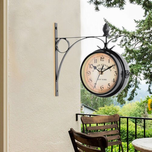 Double Sided Hanging Clock Iron Station Retro Bracket Mounted Battery Powered