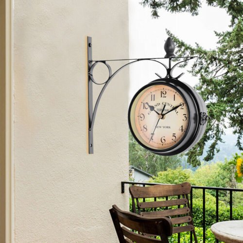 Double Sided Hanging Clock Iron Station Retro Bracket Mounted Battery Powered