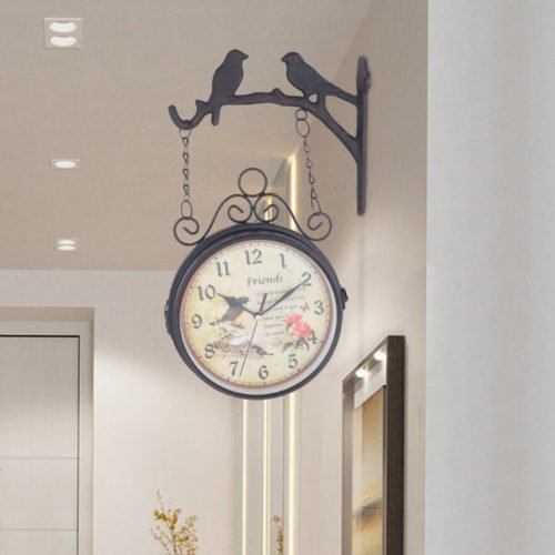Double Sided Hanging Wall Clock Retro Antique Station Clock Indoor Outdoor Decor