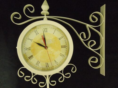 Double Sided Wall Mount Clock All Metal 7" Dials Glass Lenses 15" Tall 15" Wide