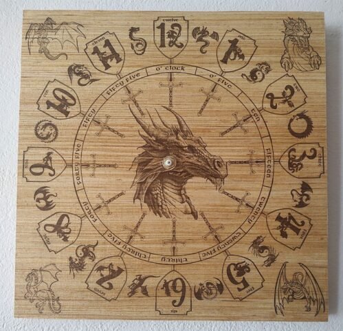 Dragon / Swords Wood Clock - LARGE numbers + written time stamps MANY DESIGNS!