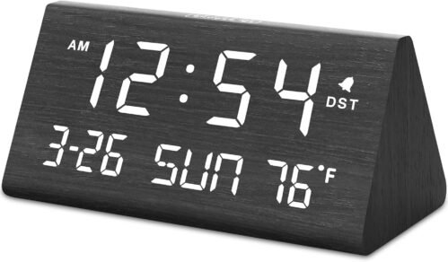 Dreamsky Digital Alarm Clocks for Bedrooms - Wooden Desk Clock with Date, Day of