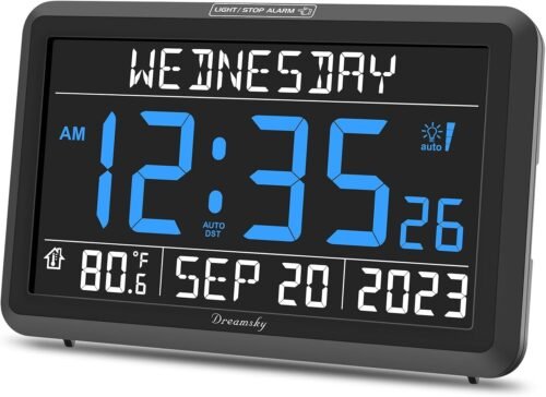 DreamSky Digital Clock with Date and Day of Week - Large Calendar Black