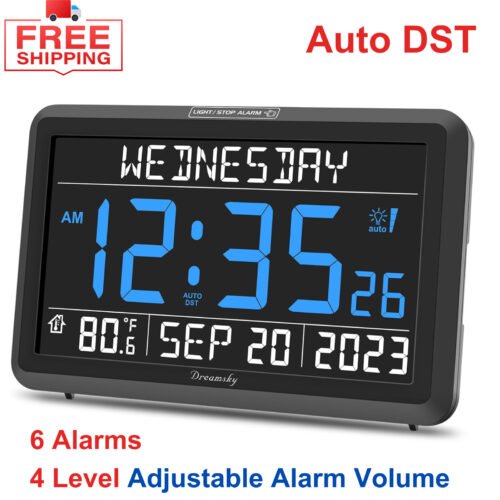 DreamSky Digital Clock with Date and Day of Week - Large Calendar Clock, Black