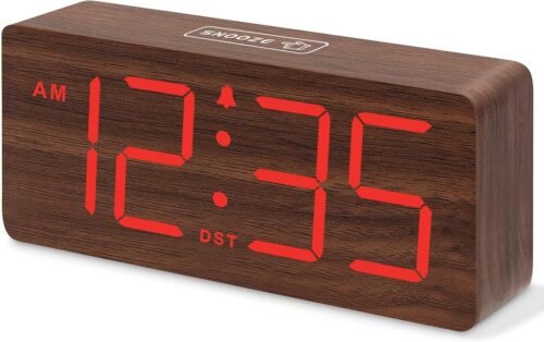 DreamSky Wooden Digital Alarm Clock for Bedroom - Desk Clocks with Large Red