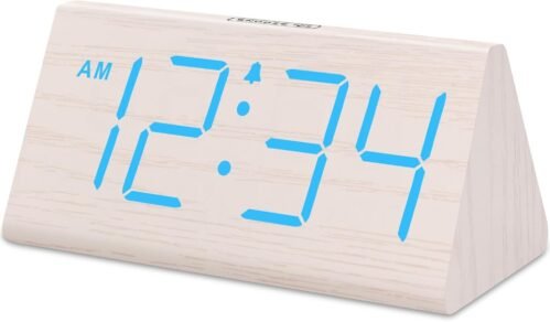 DreamSky Wooden Digital Alarm Clocks for Bedrooms - Electric Desk White-blue
