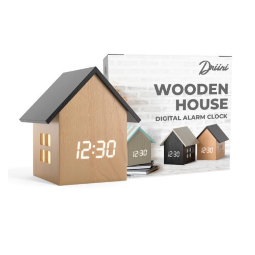 Driini Digital House-Shaped Alarm Clock with Temperature Display (Light Wood)