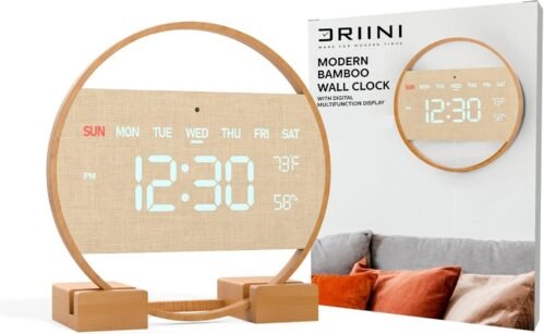 Driini Modern Large Digital Wall Clock - Bamboo Wood with