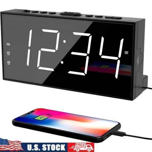 Dual Alarm Clock LED Display USB Charging Dimmable Snooze Backup Deep Sleepers