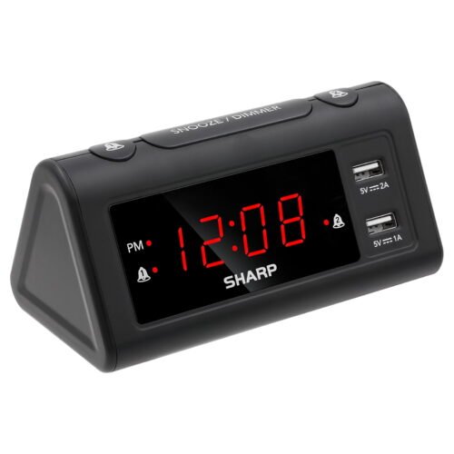 Dual Alarm Clock with 2 USB Charge Ports, Black & Red LED Display