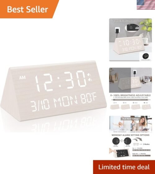Dual Alarm Wooden Digital Clock with Date, Temperature & Snooze Functionality