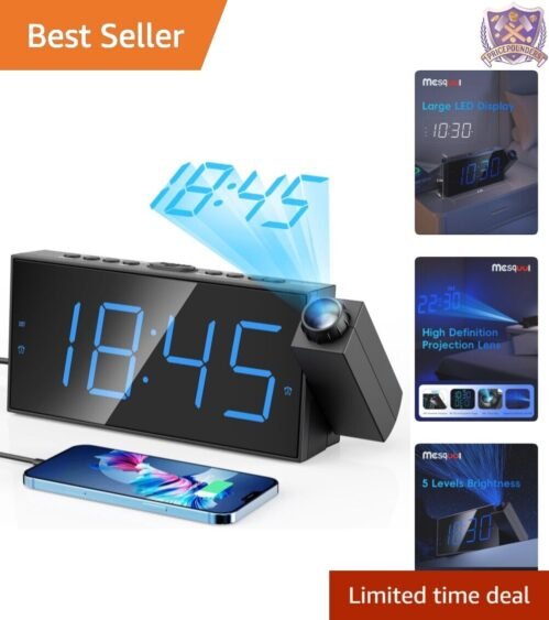 Easy-Read Projection Alarm Clock for Kids and Seniors - Adjustable Brightness