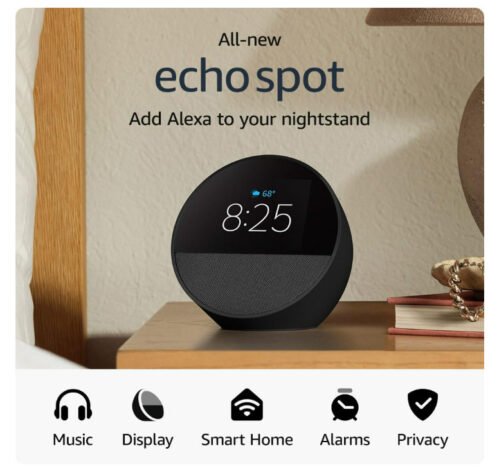 Echo Spot (2024 release), Smart alarm clock with vibrant sound + Alexa, Black