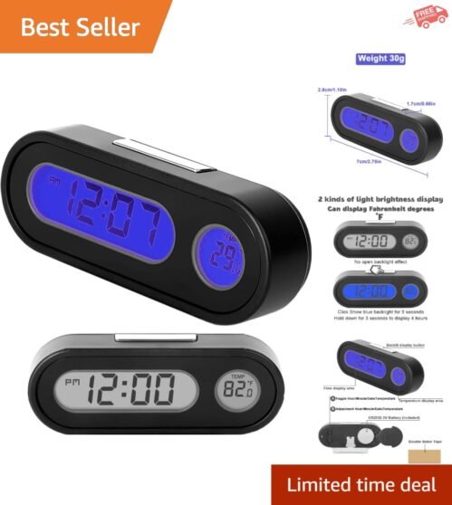 Eco-Friendly Compact Dashboard Clock with Alarm & Thermometer - Travel Ready