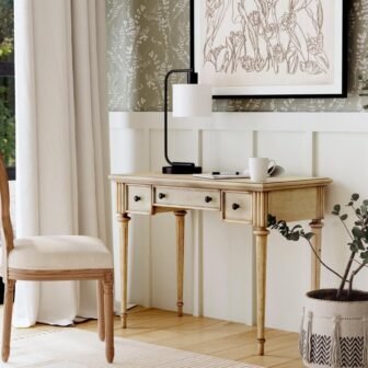 Edmund 38 in. W Rectangular Beige Wood 2-Drawer Writing Desk