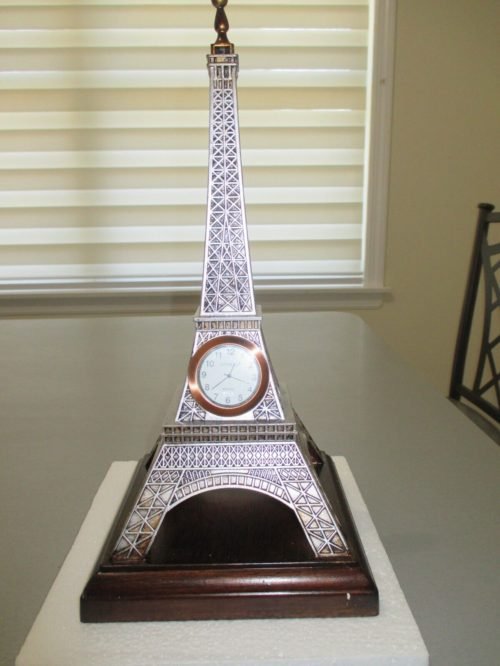 Eiffel Tower Tabletop Decor Metal Statue on mahogany stand 13" with clock