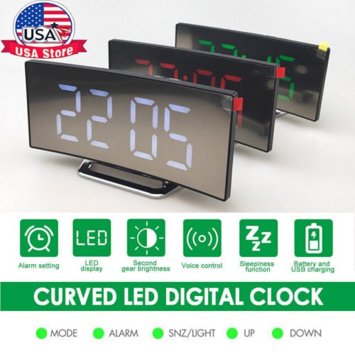 Electric Digital Alarm Clock LED Electronic Voice Control Table Clocks Curved