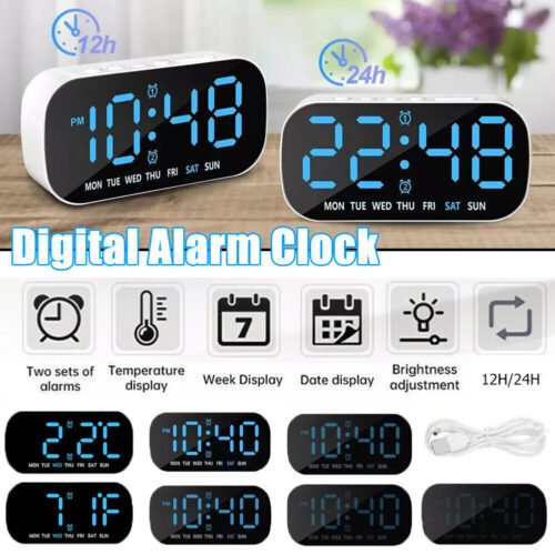 Electric Digital Alarm Clock LED Large Display Time Temperature Battery Snooze
