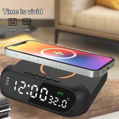 Electric LED Alarm Clock with Fast Wireless Charger Charging Station Thermometer