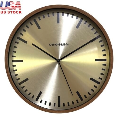 Elegant 14 Inch Woodgrain Wall Clock Gold Dial Silent Non-Ticking Decor New