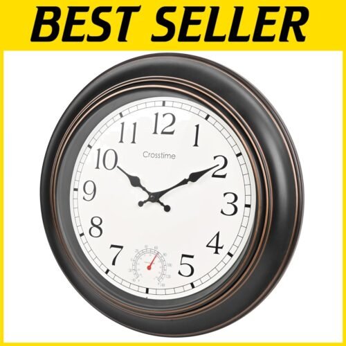 Elegant 18” Wall Clock with Built-in Thermometer - Waterproof for Indoor/Outdoor