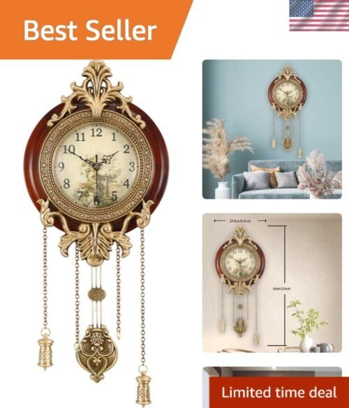 Elegant 9-Inch Retro Floral Wall Clock with Swinging Pendulum - Quartz Movement