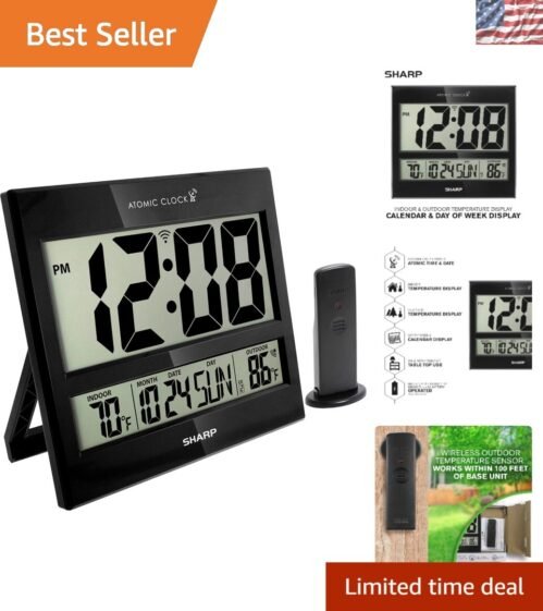 Elegant Atomic Clock with Jumbo 3" Display & Wireless Outdoor Sensor - Black
