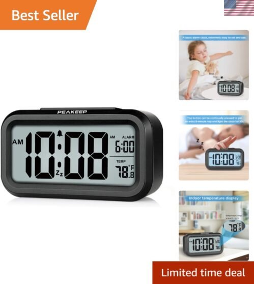 Elegant Black Digital Alarm Clock: Multi-Display, Night Light, and Temperature
