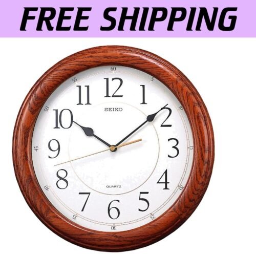 Elegant Dark Brown Solid Oak Wall Clock with Quiet Sweep Second Hand 13"