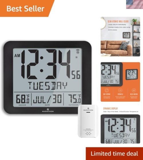 Elegant Self-Setting Slim Atomic Wall Clock - Large Display, Indoor/Outdoor Use