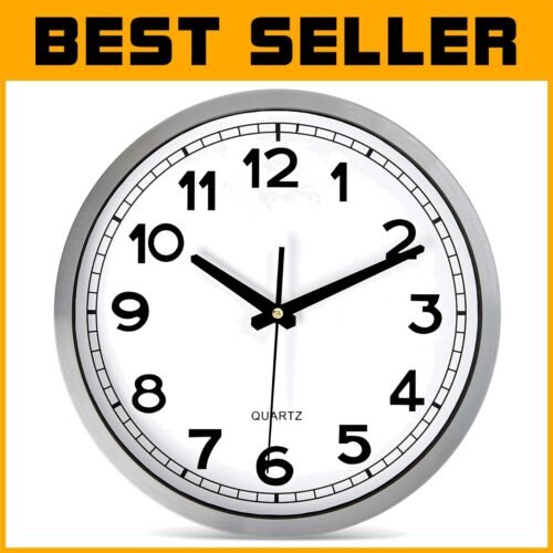 Elegant Silver Metal Wall Clock - 12-Inch Non-Ticking Clock with Bold Numbers