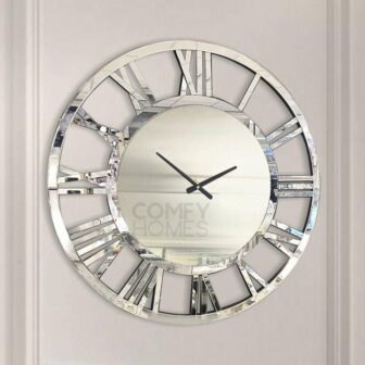 Elegant Silver Roman Numeral Wall Clock Mirrored Metal Frame, Openwork Design for Modern