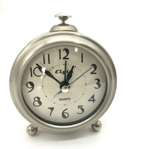 Elgin Brushed Nickel Bedside Alarm Clock Quartz Battery Operated Retro Vtg Style