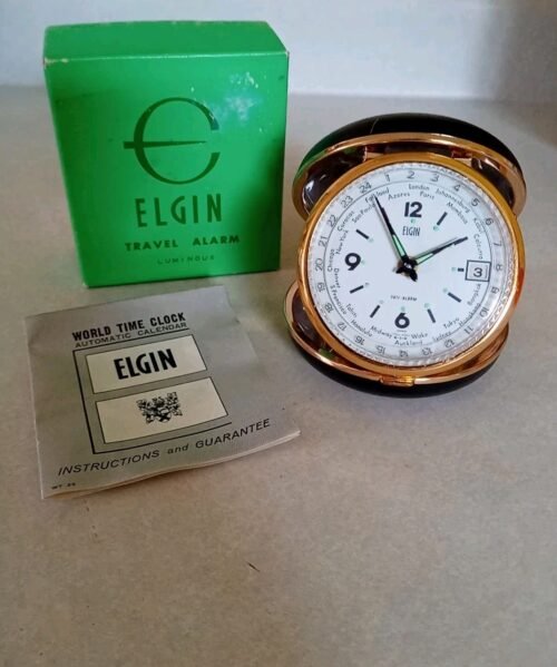 Elgin Luminous World Time Travel Alarm Clock W Box & Manuel T 8332 Black Japan