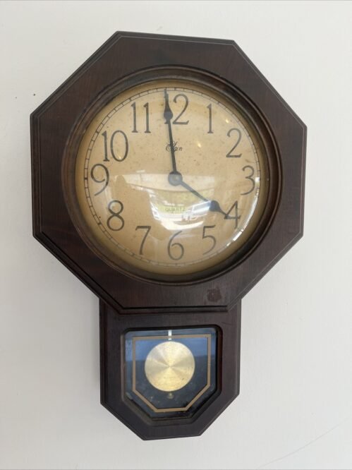 Elgin Quartz Westminster Wood Pendulum Wall Clock Octagon Keeps Time 17 1/4" Vtg