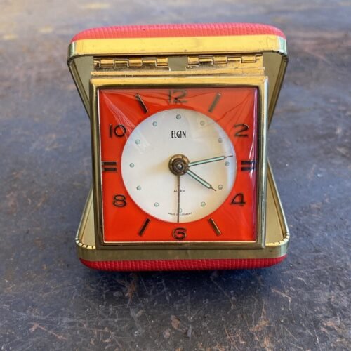 Elgin Red Travel Alarm Clock Bedside Leather Folding Wind Up Clock Germany