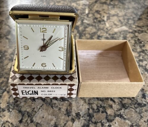 Elgin Travel Alarm Clock Beige Square Dial Gold Case New w/box