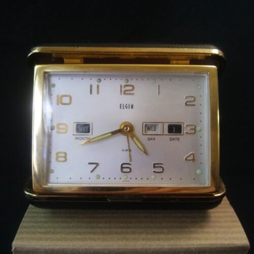 Elgin Travel Alarm with Date Luminescent Hands Working Black and Brass