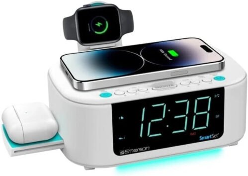 Emerson SmartSet Dual Alarm Clock Radio Bluetooth Speaker Wireless Charging