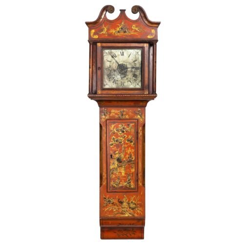 English Antique Red Chinoiserie Six-Bell Hanging Wall Clock ca. 1830
