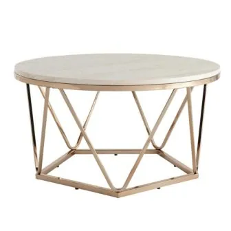 Ensla 33 in. Champagne/Faux Travertine Round Stone Top Coffee Table featured image