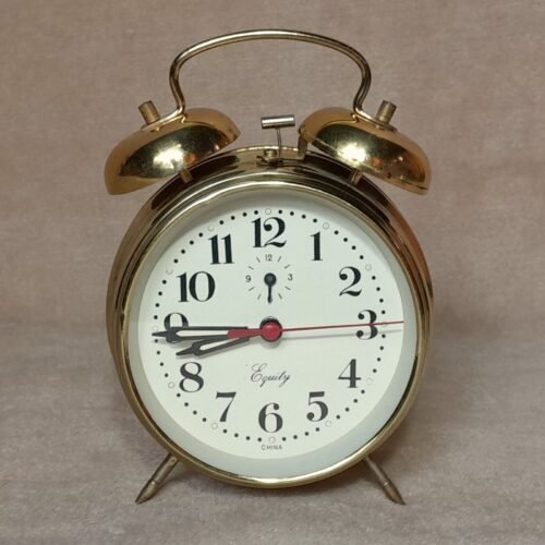 Equity Twin Bell Peg Leg Key Wind Windup Alarm Clock Gold Tone