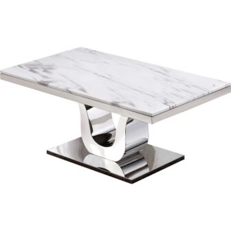 Eric 48 in. White Rectangle Marble Top Coffee Table with Stainless Steel