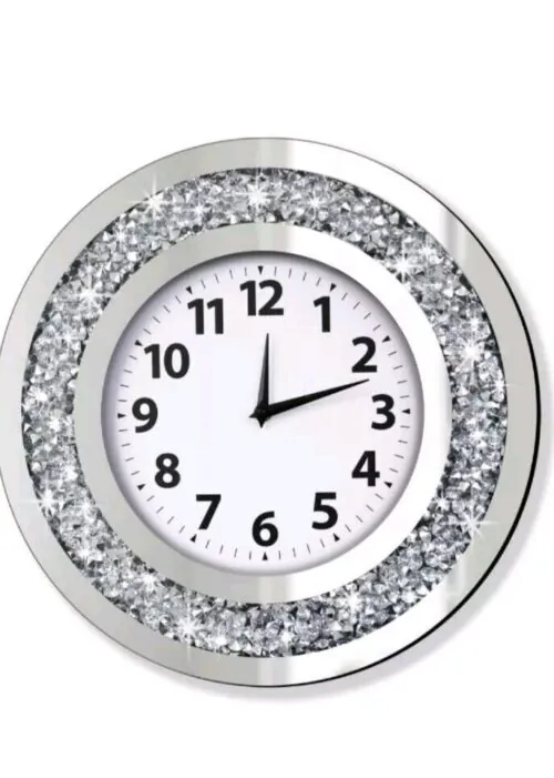 European Crystal Crushed Diamond Mirrored Round Silent Wall Clock 16x16x2" NEW!