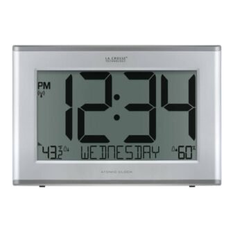 Extra Large Slim Atomic Digital Silver Clock with Outdoor Temperature and Humidity