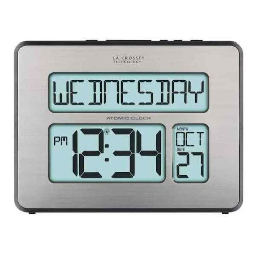 Extra Large Digits Atomic Silver Brushed Full Calendar Digital Clock Display