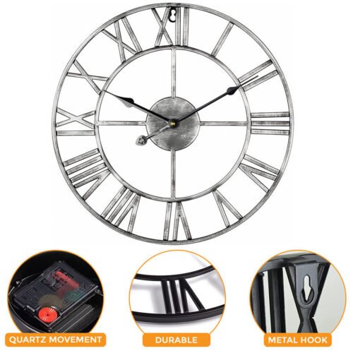 Extra Large Roman Numerals Skeleton Wall Clock Big Open Face Round Iron 60cm