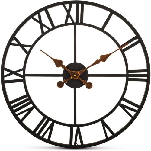 Extra Large Wall Clock 20 Inch Wrought Iron Black Metal, Quartz Battery Opera...